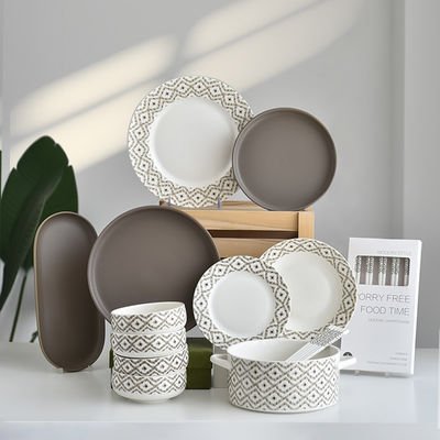 Under Glazed Technique Ceramic Dinnerware Sets For 6 People In Green Gray Brown Color