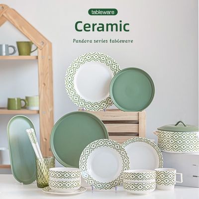 Under Glazed Technique Ceramic Dinnerware Sets For 6 People In Green Gray Brown Color
